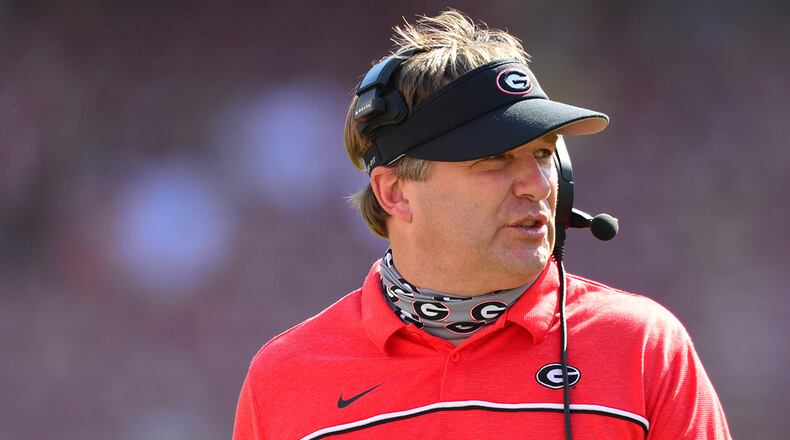Georgia head coach Kirby Smart during the Bulldogs' game with Arkansas Saturday, Sept. 26, 2020, in Fayetteville, Ark. (Walt Beazley/UGA Sports)
