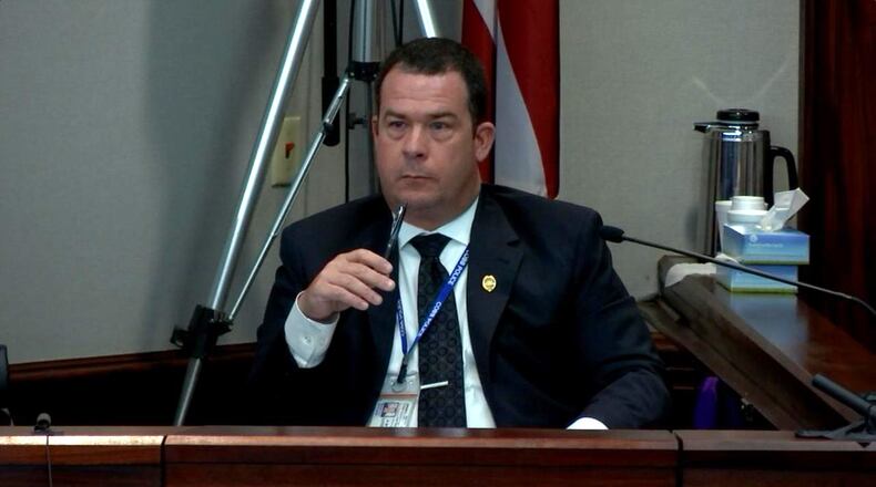 Cobb County lead detective Phil Stoddard is cross examined during the murder trial of Justin Ross Harris at the Glynn County Courthouse in Brunswick, Ga., on Tuesday, Oct. 25, 2016. Stoddard refused to say that Harris appeared emotional in videos, but said instead that his outbursts looked insincere. (screen capture via WSB-TV)