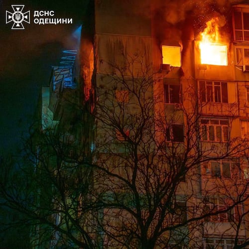 In this photo provided by the Ukrainian Emergency Service, a fire is seen in a residential building following a Russian drone attack in Odesa, Ukraine, Friday, May 1, 2026. (Ukrainian Emergency Service via AP)