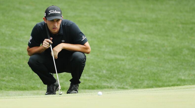 Patrick Cantlay lines up his putt on 16 during the third round of the Masters Tournament Saturday, April 13, 2019, at Augusta National Golf Club in Augusta. Jason Getz / Special to the AJC