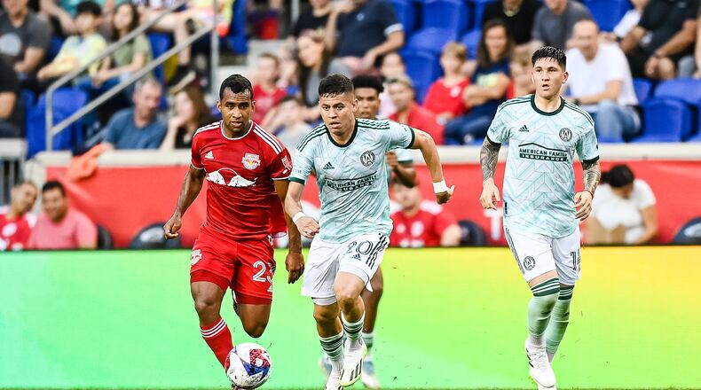 Atlanta United midfielder Matheus Rossetto #20 dribbles the ball during the match against New York Red Bulls at Red Bull Arena in Harrison, NJ on Saturday June 24, 2023. (Photo by Mitchell Martin/Atlanta United)