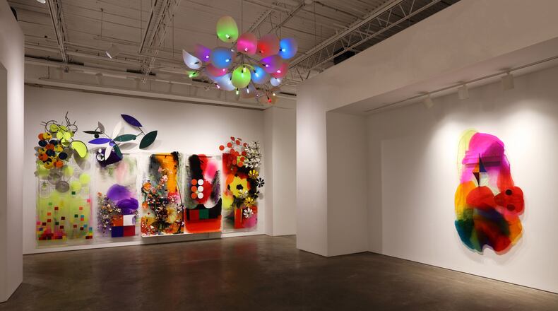 An installation image showing the title work (rear wall) of Judy Pfaff's exhibition at Johnson Lowe Gallery, "A Walk in the Park" (2023).