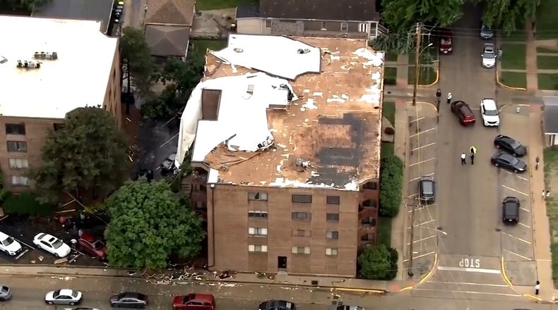 This frame grab from aerial video shows a building in Stickney, Illinois, after its roof was damaged by the severe storms that struck the Chicago area on Wednesday, June 10, 2026. (AP Photo/Courtesy WMAQ-TV in Chicago) TELEVISION OUT