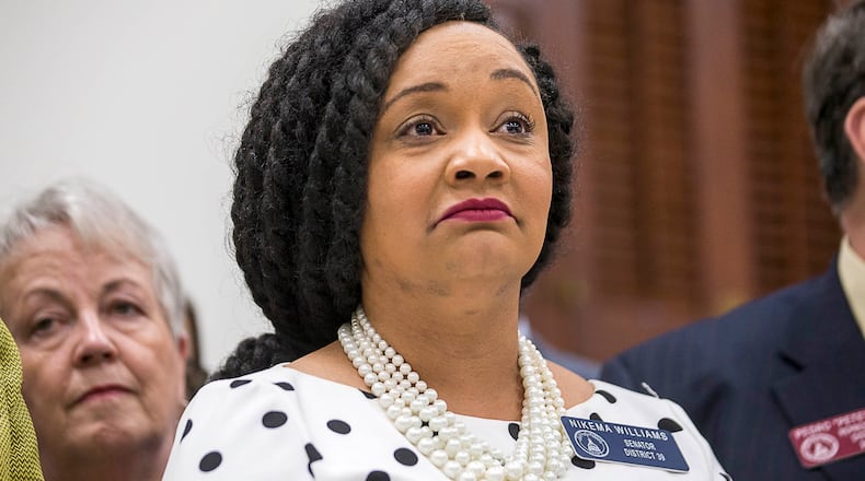 Nikema Williams speaks Thursday about her arrest while standing with protesters at the Capitol the day before. Alyssa Pointer/alyssa.pointer@ajc.com