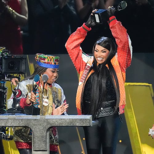 Missy Elliott, from left, and Sandra Denton with Cheryl James, right of Salt-N-Pepa, react during the 2025 Rock and Roll Hall of Fame Induction Ceremony on Saturday, Nov. 8, 2025, at L.A. Live in Los Angeles. (AP Photo/Chris Pizzello)