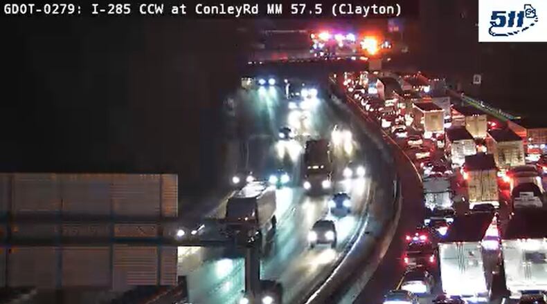 All eastbound lanes of I-285 were blocked in Clayton County following a multivehicle wreck Wednesday morning.