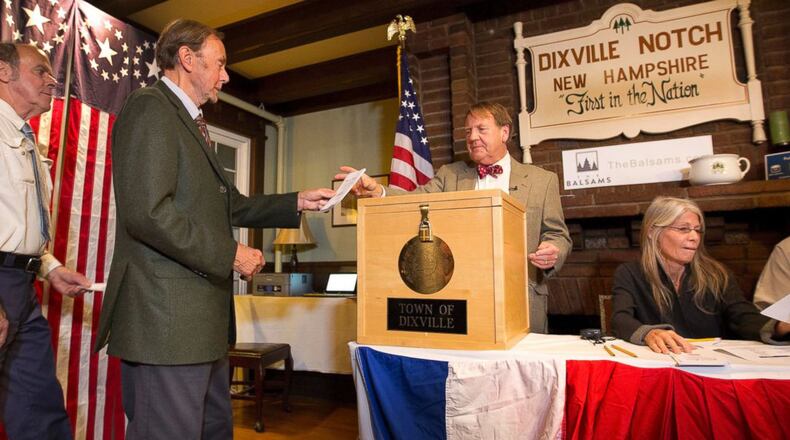 Voters in Dixville Notch, Va., cast their ballots just after midnight Tuesday, Nov. 8, 2016, in Dixville Notch, N.H. (AP Photo/Jim Cole)