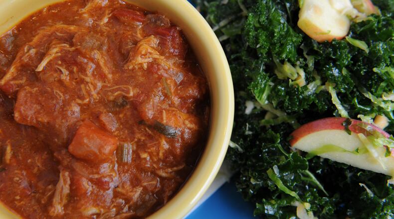 Soup and salad will be on the menu when Souper Jenny opens at the Atlanta History Center. (BECKY STEIN) 140501-DECATUR- GA- Firstlook at the new Souper Jennys in downtown Decatur on Saturday March 1, 2014. FOOD: Gluten free Chicken Tortilla soup served with shaved brussel sprouts, kale,apples & almonds in maple ginger dressing. (BECKY STEIN)