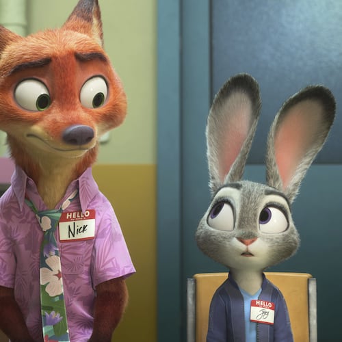 This image released by Disney shows Nick Wilde, voiced by Jason Bateman, left, and Judy Hopps, voiced by Ginnifer Goodwin, in a scene from "Zootopia 2." (Disney via AP)