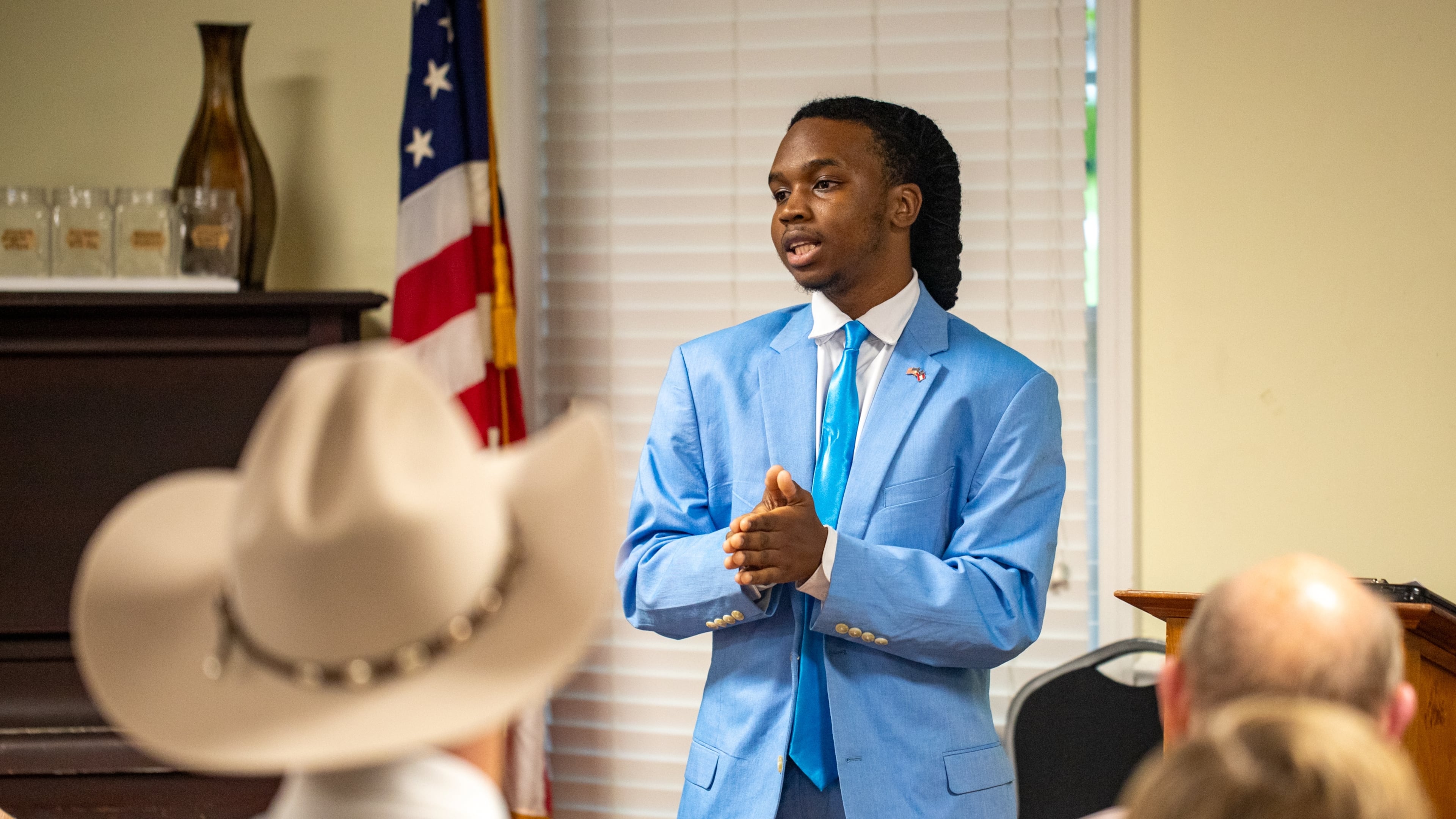 Ja’Quon Stembridge, shown here in July at the Henry County Republican Party monthly meeting, recently stepped from his position with the Georgia GOP. (Jenni Girtman for the AJC)