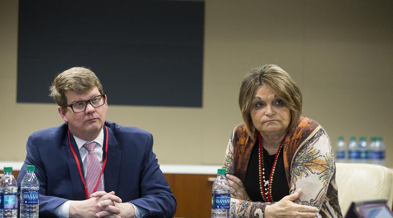 MARTA General Manager and Chief Executive Officer Jeffrey A. Parker (left) and MARTA board of directors chair Freda B. Hardage (right) speak with members of the Atlanta Journal-Constitution editorial board at the office of the Atlanta Journal-Constitution in Dunwoody, Wednesday, March 13, 2019. (ALYSSA POINTER/ALYSSA.POINTER@AJC.COM)