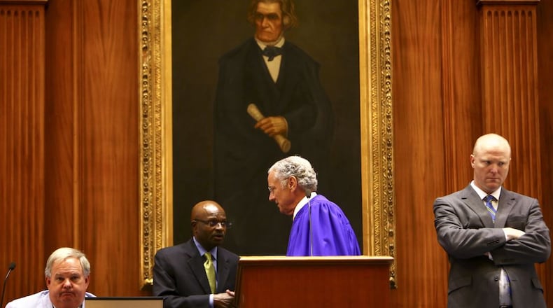 South Carolina Lt. Gov. Henry McMaster, center, oversees the state Senate as they discuss the issue of the Confederate flag at the State House in Columbia, S.C. on Wednesday. Travis Dove/The New York Times