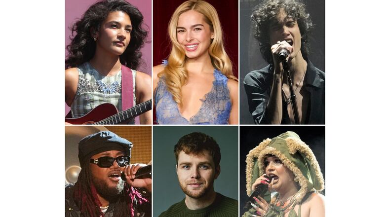 This combination of photos show Grammy nominees for best new artist, top row from left, Olivia Dean; Addison Rae; sombr, ottom row from left, Leon Thomas; Alex Warren; and Lola Young. (AP Photo)