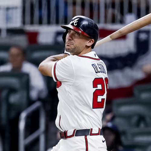 Atlanta Braves' Matt Olson watches his two-run home run against the New York Mets during the ninth inning of a baseball game, Monday, July 6, 2026, in Atlanta. (AP Photo/Erik S. Lesser)
