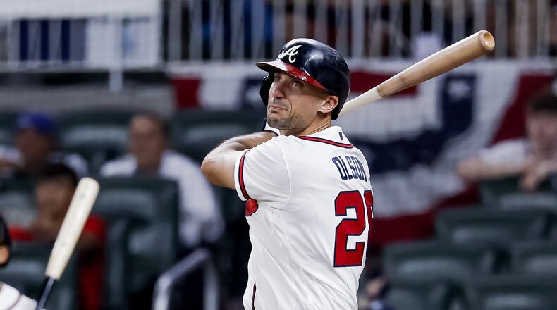 Atlanta Braves' Matt Olson watches his two-run home run against the New York Mets during the ninth inning of a baseball game, Monday, July 6, 2026, in Atlanta. (AP Photo/Erik S. Lesser)
