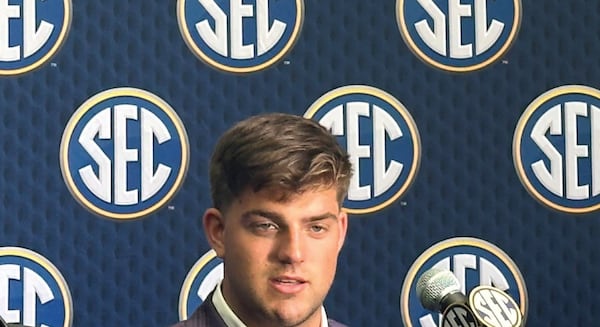 Louisiana State Quarterback Garrett Nussmeier discusses upcoming football season during SEC Media Days Monday, July 14, 2025 at the College Football Hall of Fame in Atlanta. (Hunter Dawkins/The Gazebo Gazette via AP)