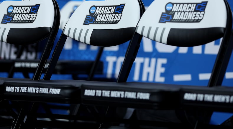 The March Madness logo on bench seats as Indiana meets Miami during the second round of the NCAA Tournament at MVP Arena on March 19, 2023, in Albany, New York. (Rob Carr/Getty Images/TNS)