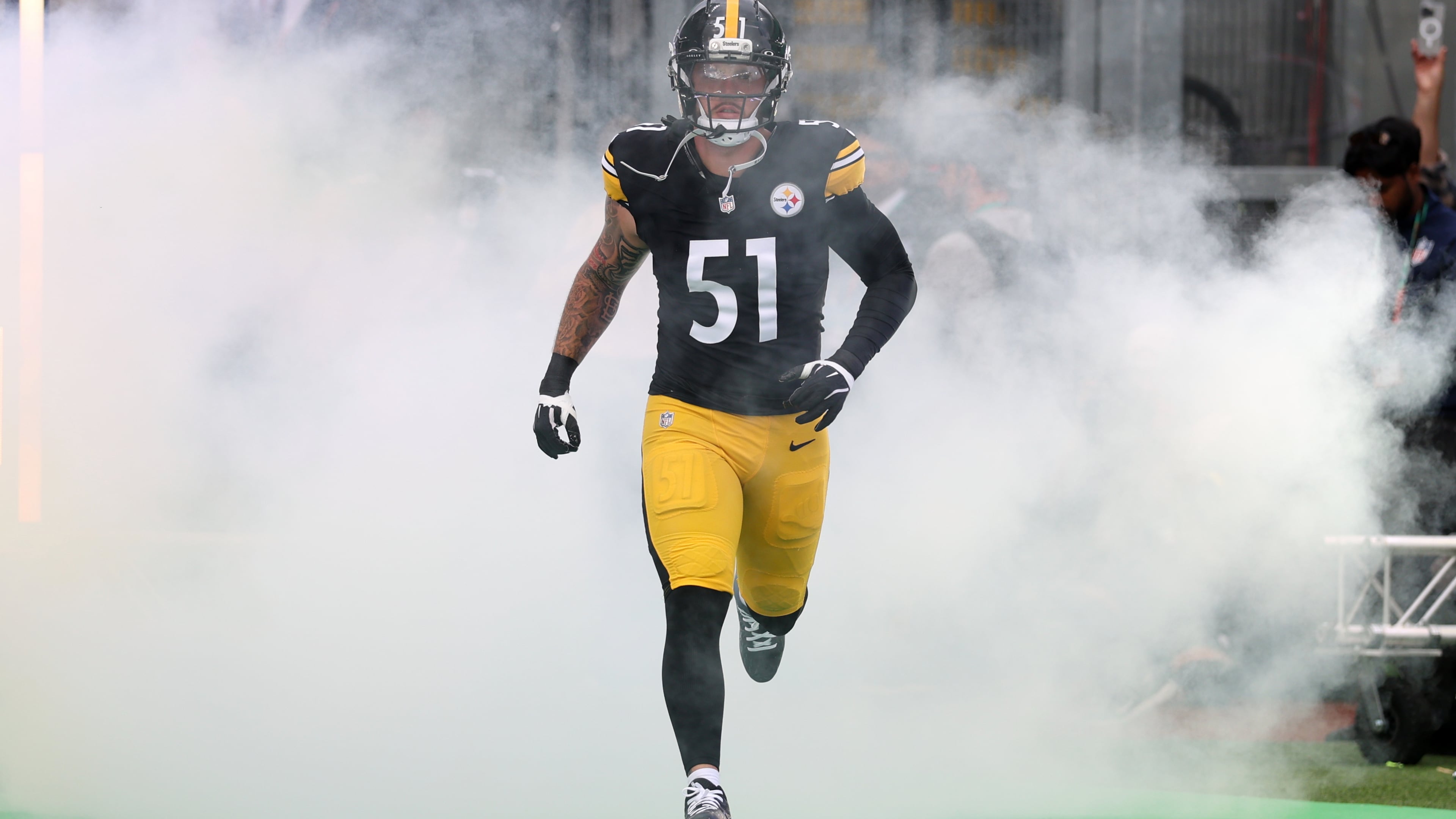 Pittsburgh Steelers linebacker Nick Herbig (51) enters the field for the NFL football game between Minnesota Vikings and Pittsburgh Steelers at Croke Park stadium in Dublin, Sunday, Sept. 28, 2025.(AP Photo/Ian Walton)