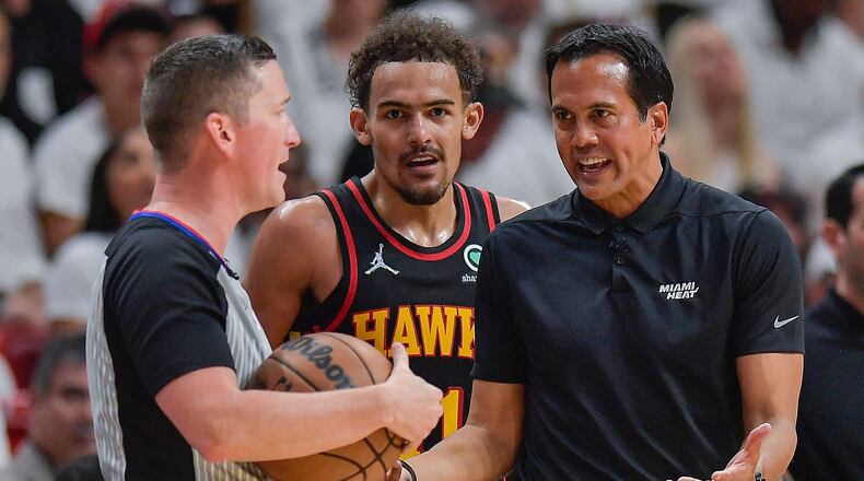 Hawks guard Trae Young has taken umbrage with the officiating in regards to Erik Spoelstra's Miami Heat. (Michael Laughlin/South Florida Sun Sentinel/TNS)