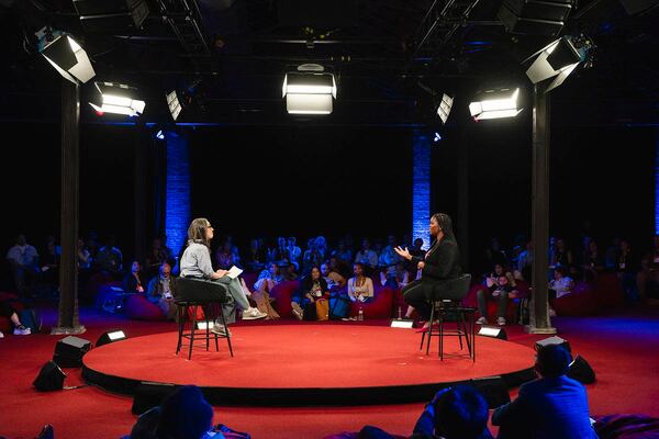 Host Manoush Zomorodi (left) and Jasmine Crowe-Houston (right) speak at TEDNext. October 22 - 24, 2024. in Atlanta. (Courtesy of Gilberto Tadday/TED)