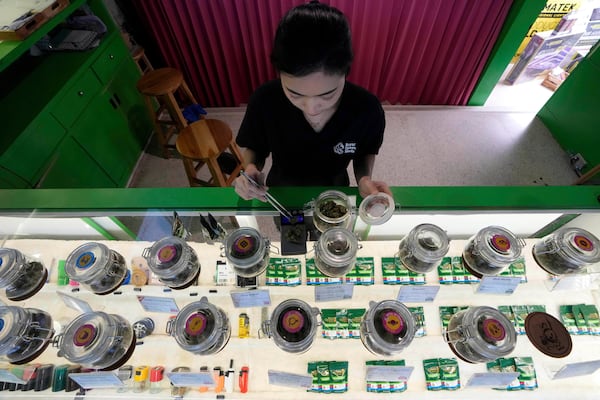 FILE- A staff prepares flower bud of cannabis for a customer at cannabis shop Bangkok, Thailand, July 18, 2024. (AP Photo/Sakchai Lalit, File)
