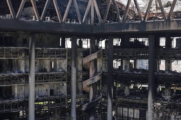 The damaged headquarters of Islamic Republic of Iran Broadcasting, Iranian state television, is seen in Tehran, Iran, Thursday, June 19, 2025. (AP Photo/Vahid Salemi)