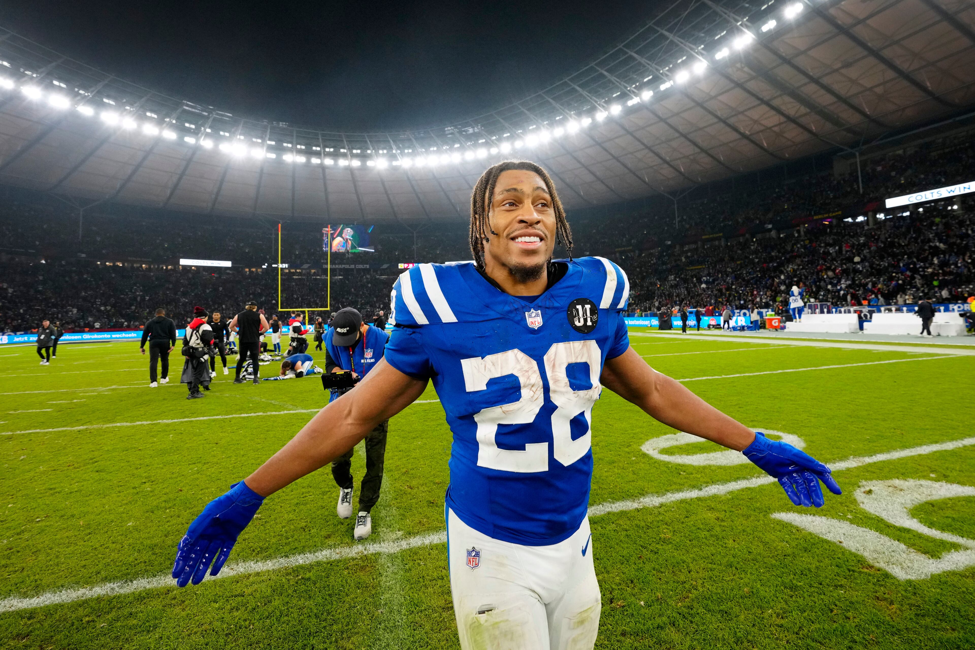 Indianapolis Colts running back Jonathan Taylor walks off the field after an NFL football game against the Atlanta Falcons, Sunday, Nov. 9, 2025, in Berlin, Germany. (AP Photo/Martin Meissner)