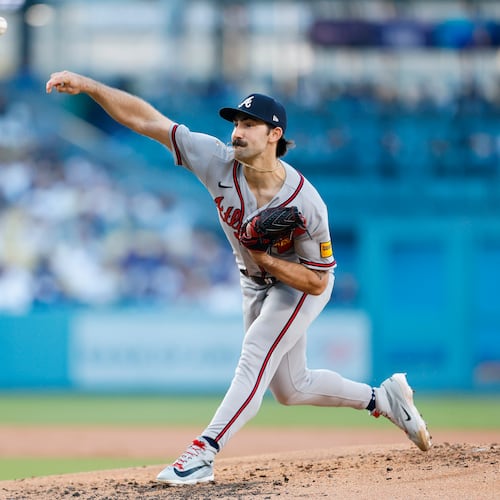 Braves pitcher Spencer Strider gave up one hit in six innings against the Dodgers on Saturday in Los Angeles. Strider walked two, and the one hit he gave up was a two-out single to Will Smith in the first inning. (Caroline Brehman/AP)