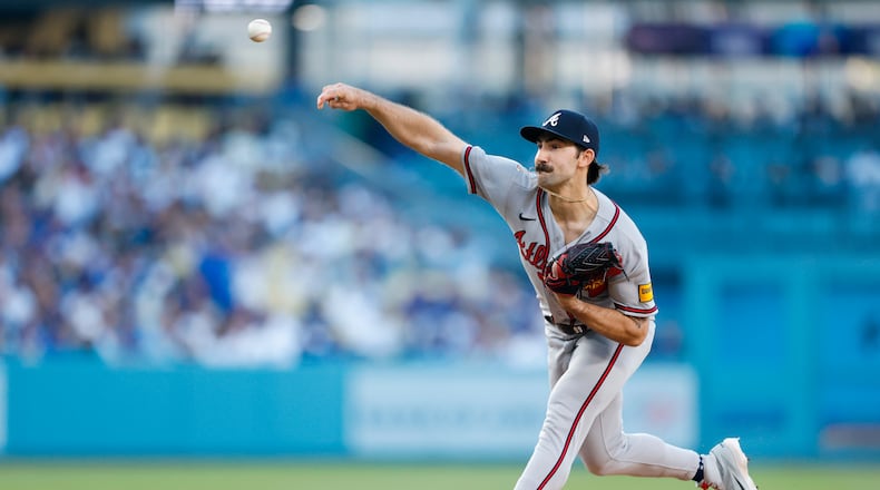 Braves pitcher Spencer Strider gave up one hit in six innings against the Dodgers on Saturday in Los Angeles. Strider walked two, and the one hit he gave up was a two-out single to Will Smith in the first inning. (Caroline Brehman/AP)