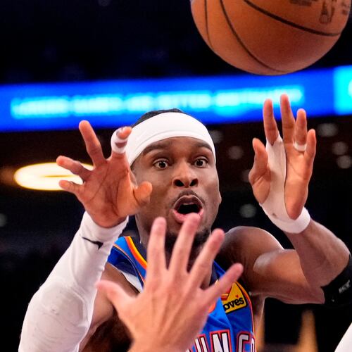 Oklahoma City Thunder guard Shai Gilgeous-Alexander passes the ball during the second half of Game 3 in a second-round NBA basketball playoffs series against the Los Angeles Lakers, Saturday, May 9, 2026, in Los Angeles. (AP Photo/Mark J. Terrill)