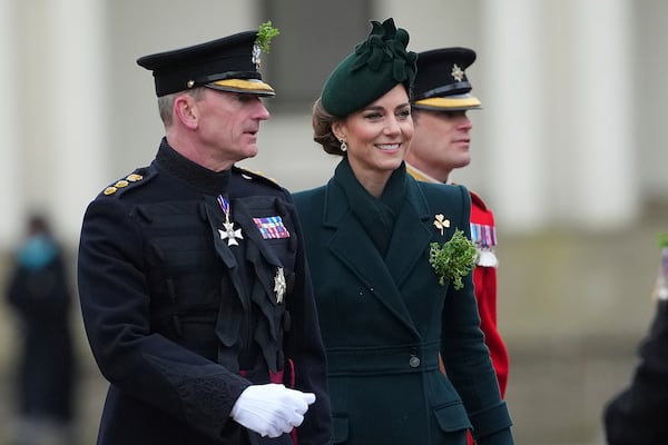 Britain's Kate, the Princess of Wales, joins the Irish Guards, their veterans, families, serving soldiers, reservists, and young cadets from Northern Ireland, at a special St Patrick's Day parade and celebration at Wellington Barracks in London, Monday, March 17, 2025.(AP Photo/Kirsty Wigglesworth)