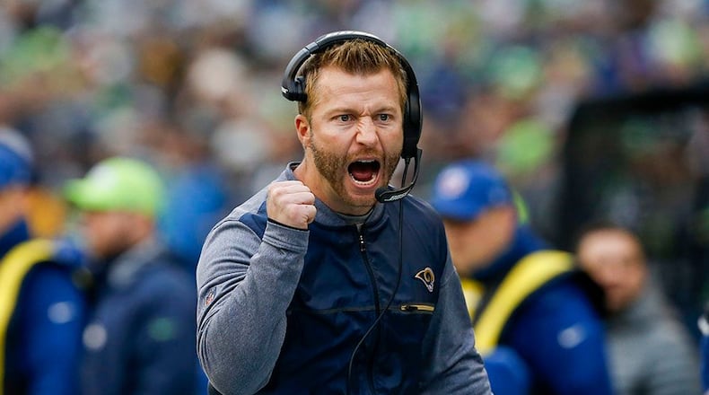 Dec 17, 2017; Seattle, WA, USA; Los Angeles Rams head coach Sean McVay reacts following a touchdown against the Seattle Seahawks during the second quarter at CenturyLink Field. Mandatory Credit: Joe Nicholson-USA TODAY Sports