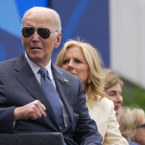 From l-r., former President Joe Biden, former first lady Jill Biden, former first lady Laura Bush and former Secretary of State Hillary Clinton on stage during the dedication ceremony for the Obama Presidential Center, Thursday, June 18, 2026, in Chicago. (AP Photo/Alex Brandon)