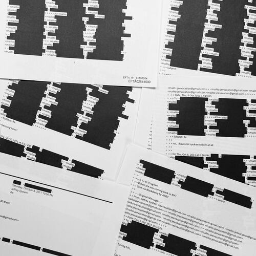 A document with an email chain from Jeffrey Epstein illustrates the amount of redactions of personally identifiable information that the U.S. Department of Justice was required to do before release of Epstein documents, is photographed Sunday, Feb. 1, 2026. (AP Photo/Jon Elswick)