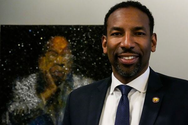 Atlanta Mayor Andre Dickens poses for a photo, Friday, Feb. 21, 2025, in Atlanta. (AP Photo/Mike Stewart)