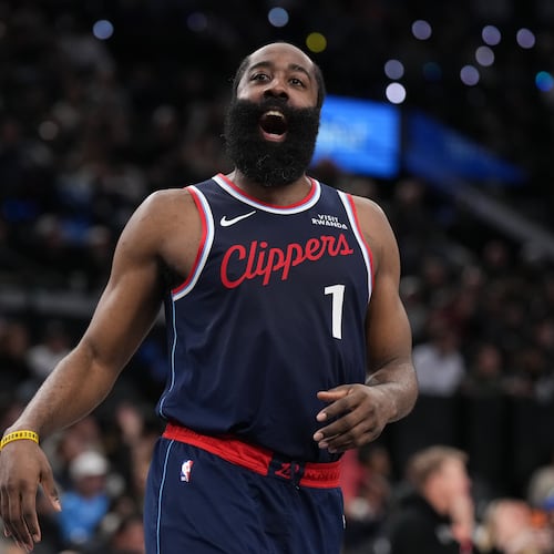 Los Angeles Clippers guard James Harden (1) celebrates his three-point basket during the second half of an NBA basketball game against the Charlotte Hornets Monday, Jan. 12, 2026, in Inglewood, Calif. (AP Photo/Jae C. Hong)