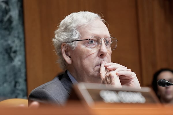 Sen. Mitch McConnell, R-Ky., listens during a Senate Committee on Appropriations subcommittee hearing to examine proposed budget estimates for fiscal year 2026 for the Air Force and Space Force on Capitol Hill, Thursday, June 26, 2025, in Washington. (AP Photo/Mariam Zuhaib)