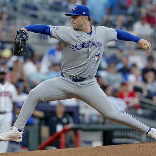 Toronto Blue Jays pitcher Mason Fluharty delivers to an Atlanta Braves batter during the first inning of a baseball game, Thursday, June 4, 2026, in Atlanta. (AP Photo/Erik S. Lesser)