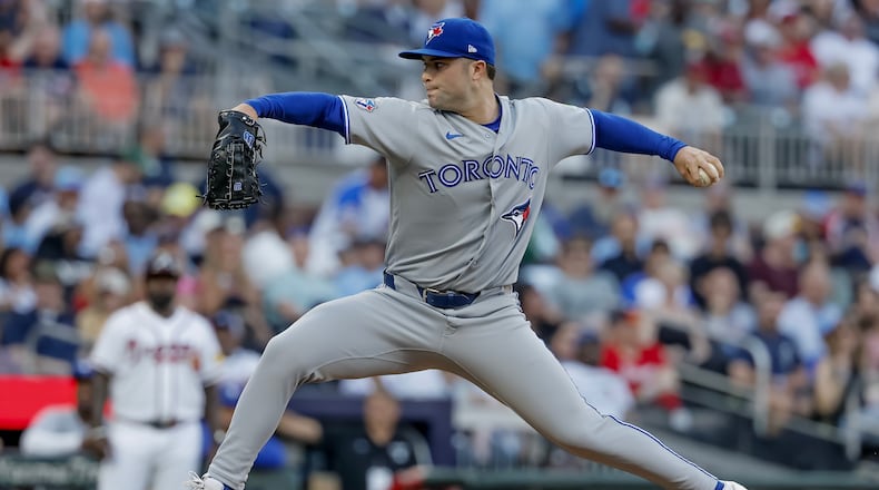 Toronto Blue Jays pitcher Mason Fluharty delivers to an Atlanta Braves batter during the first inning of a baseball game, Thursday, June 4, 2026, in Atlanta. (AP Photo/Erik S. Lesser)