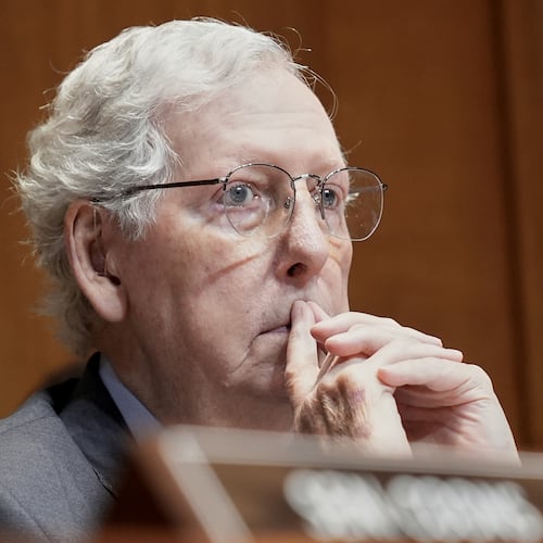 FILE - Sen. Mitch McConnell, R-Ky., listens during a Senate Committee on Appropriations subcommittee hearing on Capitol Hill, June 26, 2025, in Washington. (AP Photo/Mariam Zuhaib, File)