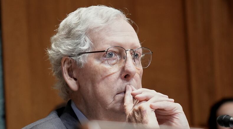 FILE - Sen. Mitch McConnell, R-Ky., listens during a Senate Committee on Appropriations subcommittee hearing on Capitol Hill, June 26, 2025, in Washington. (AP Photo/Mariam Zuhaib, File)