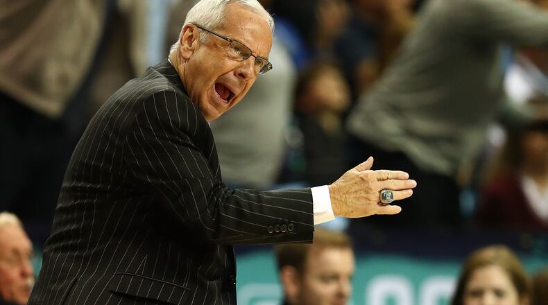 NEW YORK, NY - MARCH 09: Head coach Roy Williams of the North Carolina Tar Heels in action against the Miami (Fl) Hurricanes during the Quarterfinals of the ACC Basketball Tournament at the Barclays Center on March 9, 2017 in New York City. (Photo by Al Bello/Getty Images)