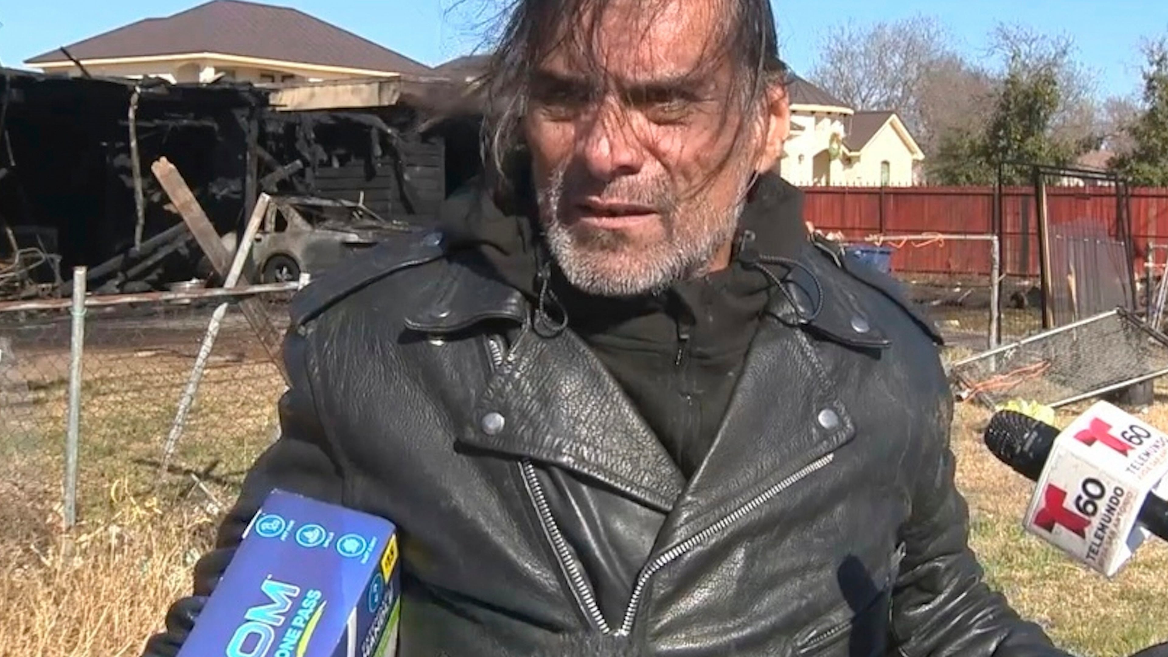 In this image taken from video provided by KSAT, Jonathan Joss, an actor best known for his voice work on the animated television series "King of the Hill," talks to reporters following a fire at his San Antonio, Texas, home on Jan. 23, 2025. (KSAT via AP)
