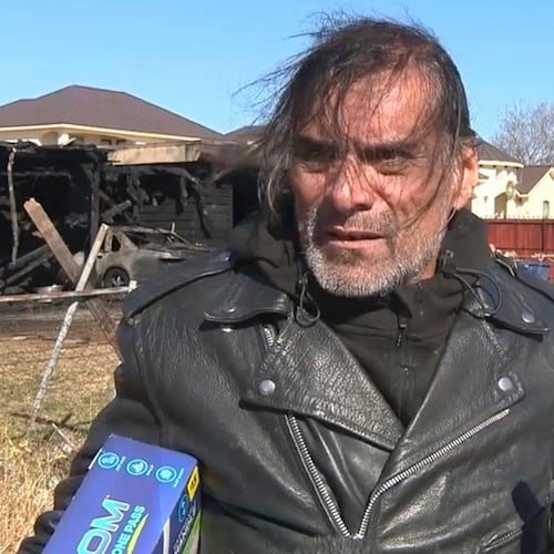 In this image taken from video provided by KSAT, Jonathan Joss, an actor best known for his voice work on the animated television series "King of the Hill," talks to reporters following a fire at his San Antonio, Texas, home on Jan. 23, 2025. (KSAT via AP)