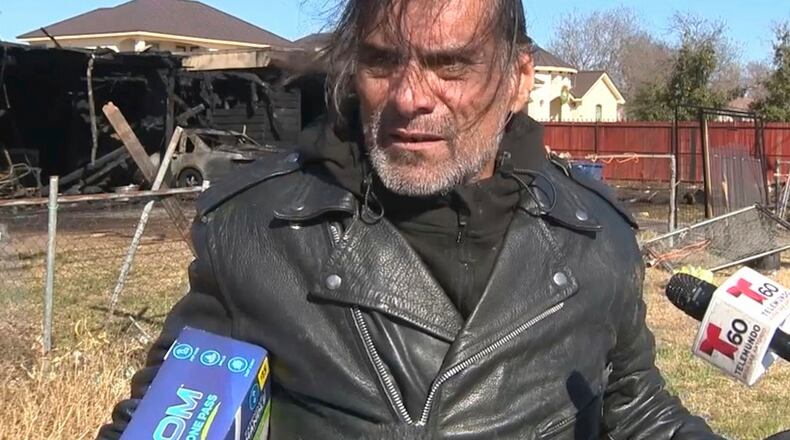 In this image taken from video provided by KSAT, Jonathan Joss, an actor best known for his voice work on the animated television series "King of the Hill," talks to reporters following a fire at his San Antonio, Texas, home on Jan. 23, 2025. (KSAT via AP)