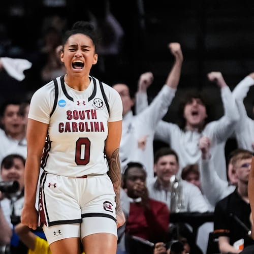 South Carolina guard Te-Hina Paopao (0) reacts after a basket during the second half against Maryland in the Sweet 16 of the NCAA college basketball tournament, Friday, March 28, 2025. in Birmingham, Ala. (AP Photo/Gerald Herbert)