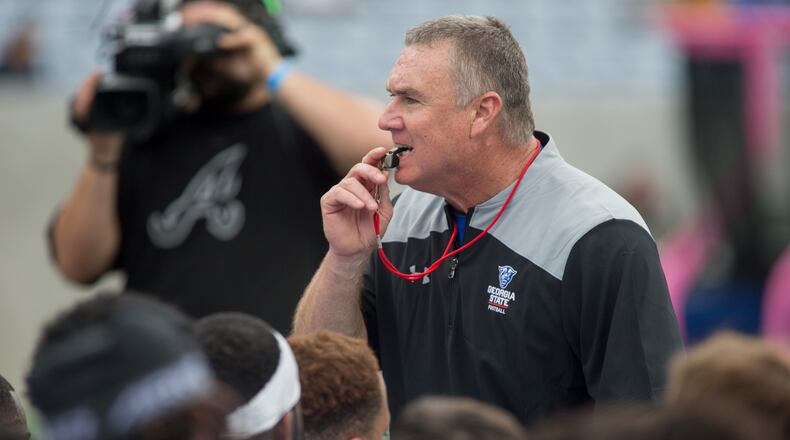 Head Coach Shawn Elliot talked to the team after the game as Panther fans got their first look at the 2019 Georgia State University football team in action during the annual Blue-white Spring Game at Georgia State Stadium in Atlanta on Saturday April 13th, 2019. (Photo by Phil Skinner)