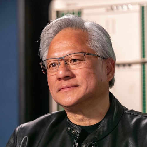 Jensen Huang, president and CEO of Nvidia, listens during an interview before a groundbreaking ceremony for an expansion of Coherent's manufacturing facility on Tuesday, June 16, 2026, in Sherman, Texas. (AP Photo/Jeffrey McWhorter)