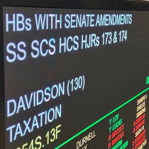 An electronic voting board in the Missouri House chamber displays the title of a proposed constitutional amendment to phase out the individual income tax Tuesday, April 21, 2026, in Jefferson City, Mo. (AP Photo/David A. Lieb)