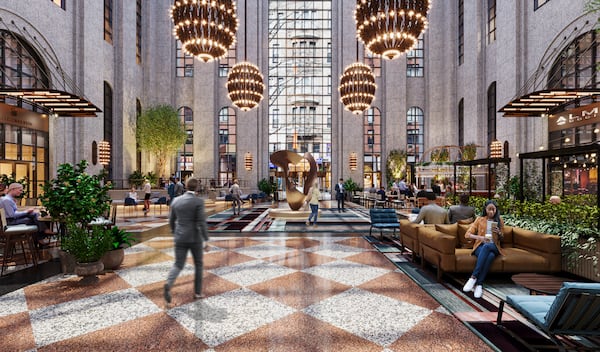 This rendering shows the planned lobby renovations at 191 Peachtree. (Courtesy Banyan Street Capital)